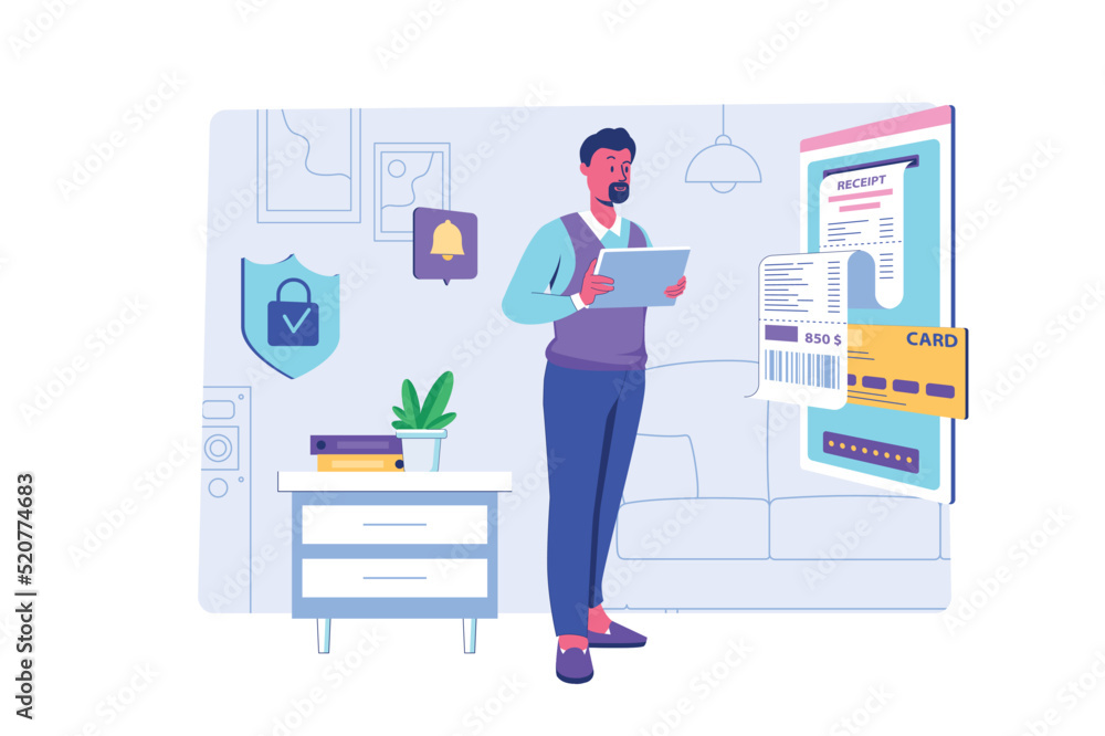 Electronic receipt concept with people scene for web. Man receiving digital invoice form for paying from smartphone app. Online bills and banking. Vector illustration in flat perspective design Electronic receipt concept with people scene for web. Man receiving digital invoice form for paying from smartphone app. Online bills and banking. Vector illustration in flat perspective design