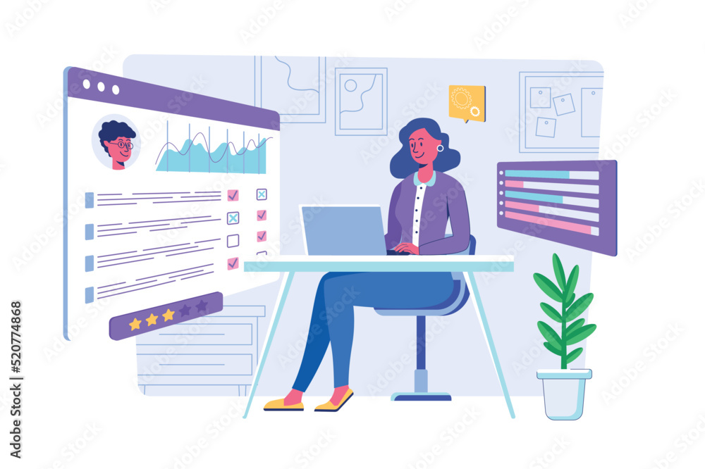 Online survey concept with people scene for web. Woman filling questionnaire form on huge screen using laptop, gives her feedback or answering test. Vector illustration in flat perspective design