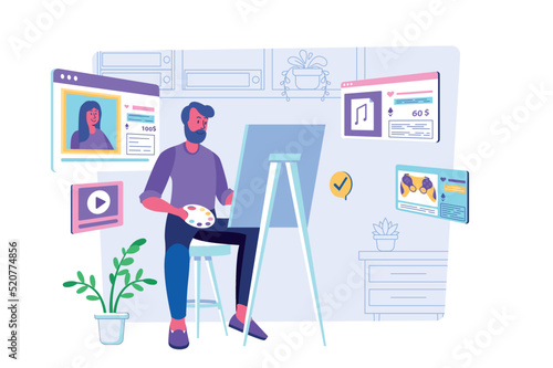 NFT token concept with people scene for web. Man artist creates unique digital artworks using non fungible token technology for selling at marketplaces. Vector illustration in flat perspective design