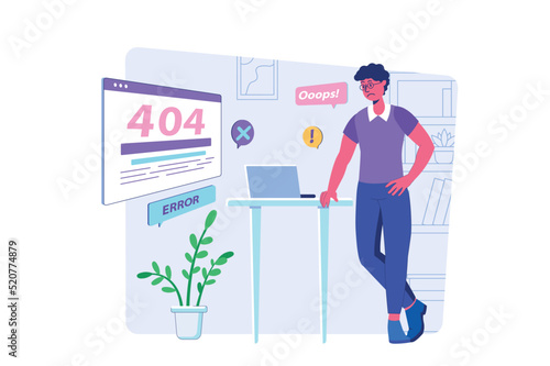 Page not found concept with people scene for web. Sad man looking at 404 error sign at screen, receiving online service notification of connects trouble. Vector illustration in flat perspective design
