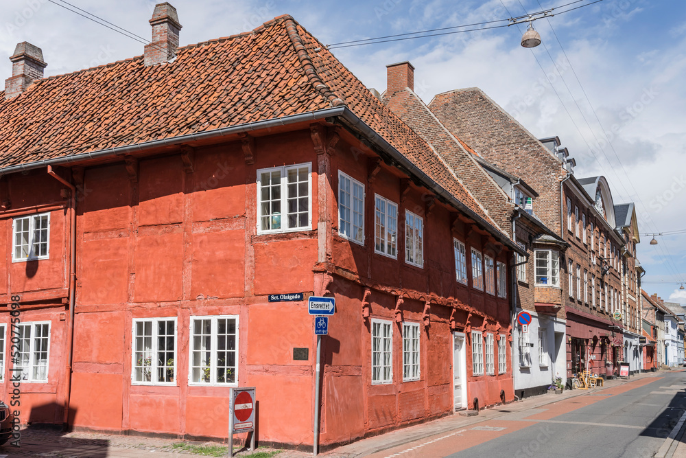 red traditional wattle house on crossroads, Helsingor, Denmark