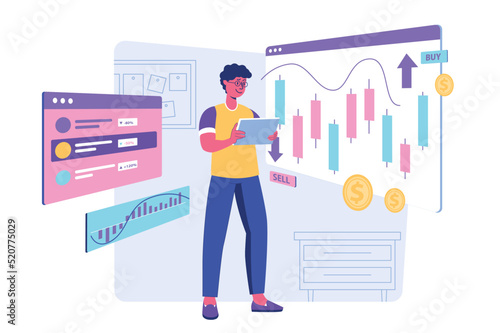 Stock market concept with people scene for web. Man working at stocks exchange and making financial operation, trading and investing in global business. Vector illustration in flat perspective design