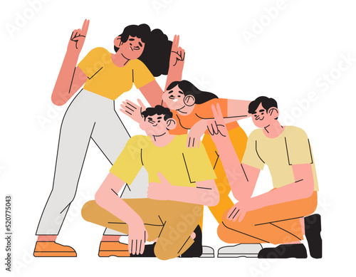 Group of happy cheerful people stand together. Friendly team support, union of diverse men, women. United teenage or employee community, unity. Flat vector illustration isolated on white background
