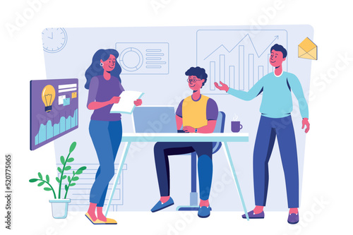 Teamwork concept with people scene for web. Men and women discussing tasks, working together in company, collaboration and communication in office. Vector illustration in flat perspective design