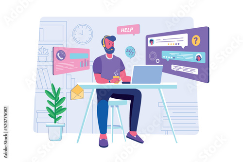 Technical support concept with people scene for web. Man in headset chatting with clients and answering customer calls, consulting and solving problems. Vector illustration in flat perspective design
