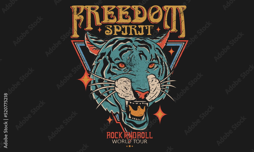 Tiger face print design for t-shirt. Rock and roll vintage artwork for ...