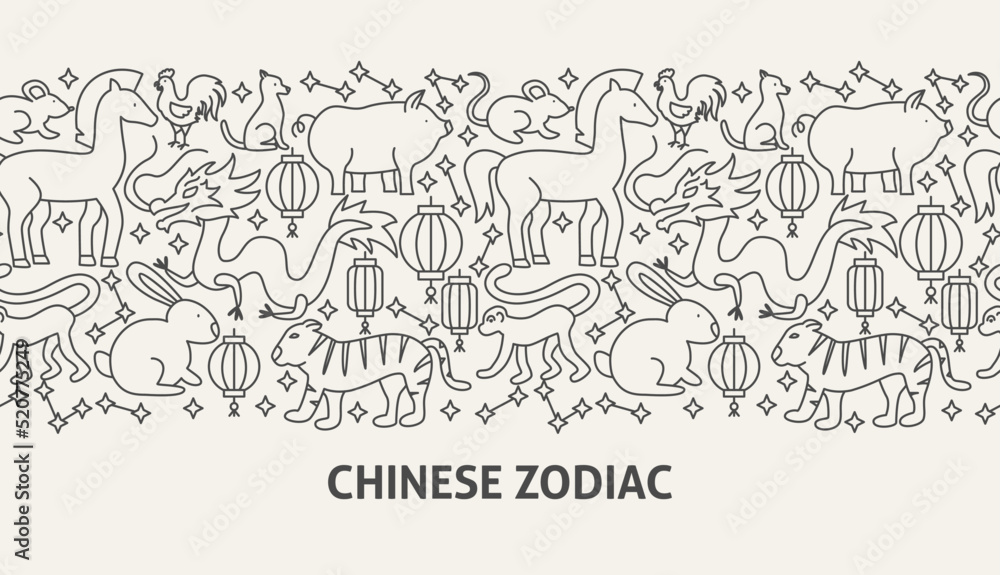 Obraz premium Chinese Zodiac Banner Concept. Vector Illustration of Outline Design.