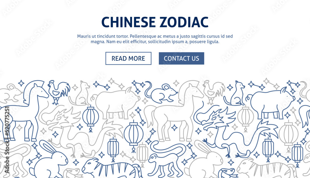 Chinese Zodiac Banner Design. Vector Illustration of Outline Template.