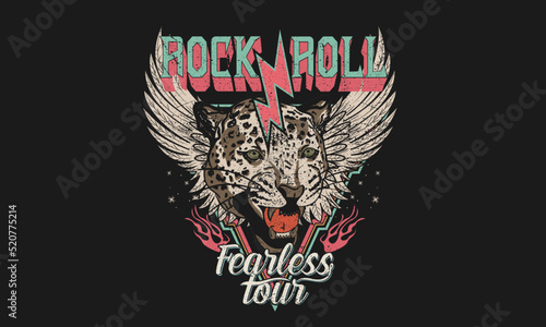 Leopard face print design for t-shirt. Rock and roll vintage artwork for poster, sticker, background and others. Animal face. Wild life illustration. Music fearless tour design.