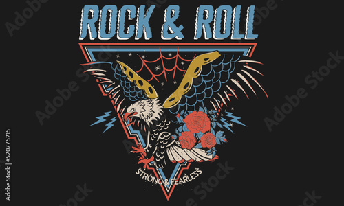 Eagle rock and roll print design for t-shirt. Music vintage artwork for poster, sticker, background and others. Animal. Wild life illustration. 