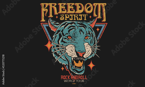 Tiger face print design for t-shirt. Rock and roll vintage artwork for poster, sticker, background and others. Animal. Wild life illustration. 
