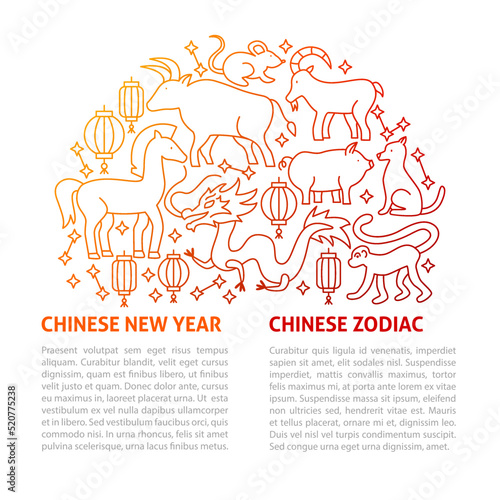Chinese Horoscope Line Template. Vector Illustration of Outline Design.