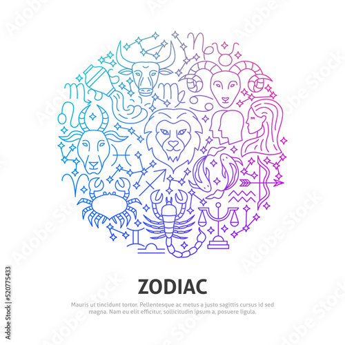 Zodiac Circle Concept. Vector Illustration of Outline Design.