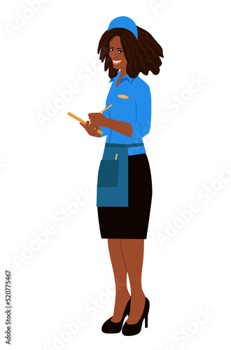 Smiling dark-skinned waitress takes the order. Waitress at work. Vector illustration, flat style. Isolated on white background
