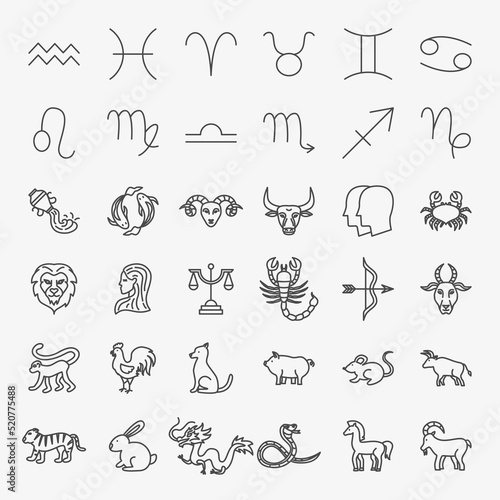 Zodiac Horoscope Line Icons Set. Vector Thin Outline Chinese Culture Symbols.
