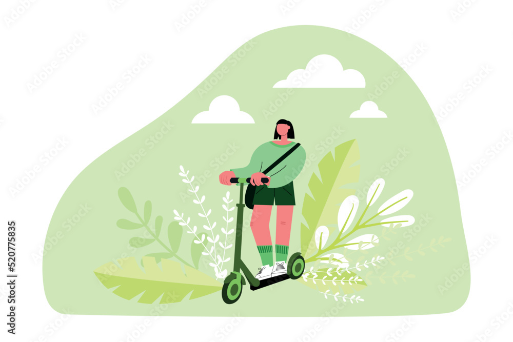 A sustainable lifestyle. Characters in a modern eco-city control a scooter.  An environmentally friendly vehicle and the concept of sustainable  transport. Vector illustration. Stock Vector | Adobe Stock