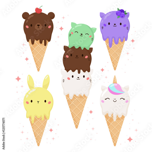 Vector set of animal shaped ice cream. Cute kawaii bear, cats, bunny and unicorn. Ice cream with different balls in the waffle cone. Cartoon food dessert bakery product.