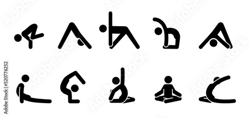 Yoga pictogram icon people. Yoga pose, meditate practice, sport exercise pictogram man set. Health, meditate symbol. Vector illustration.