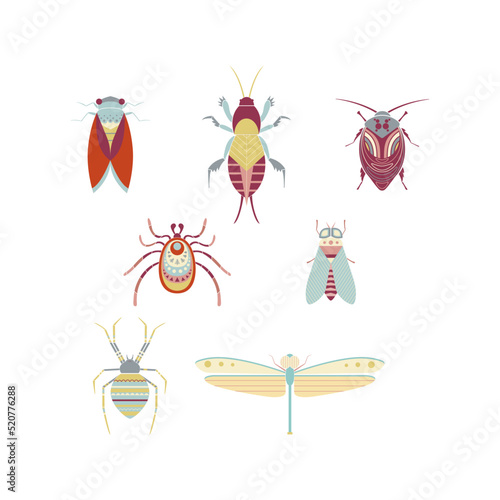 Set of fantasy decorative ornate insects. Cicada, spider, dragonfly, horse fly, mole cricket, tick, cockroach. Colorful geometric insects flat vector illustrations photo