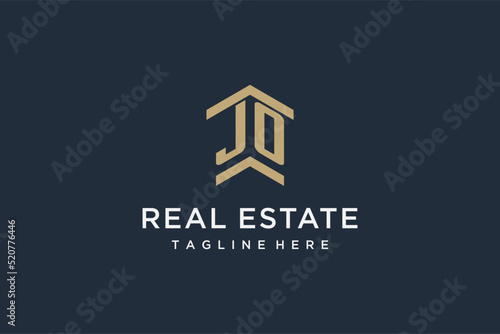 Initial JO logo for real estate with simple and creative house roof icon logo design ideas
