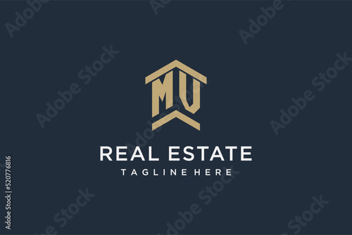 Initial MV logo for real estate with simple and creative house roof icon logo design ideas