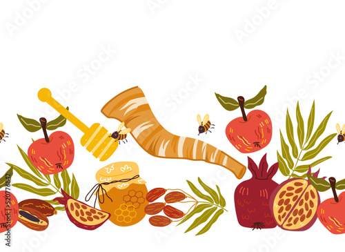 Jewish Israeli Jewish New Year holiday seamless background or border with Rosh hashanah symbols such as apples, pomegranate and honey, hand drawn vector illustration isolated on white.