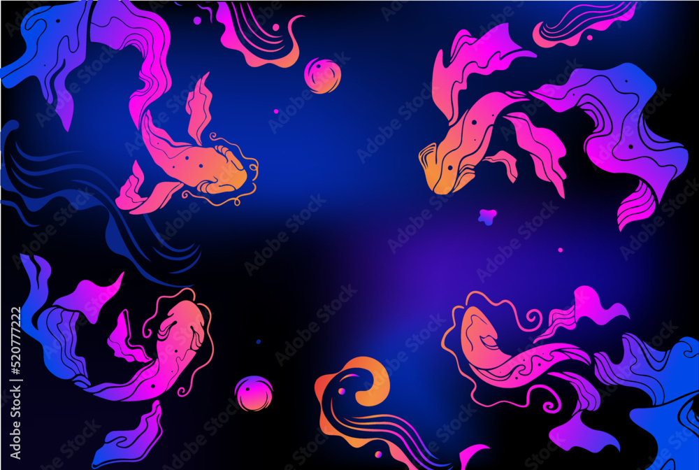 Japanese fish abstract vector design silhouette. Fish  seaweed. Water bubble hand drawn.Waves background gradient cosmic.Mystic animal