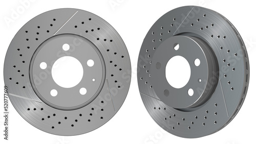 Car brake disc isolated on white background. Auto spare parts. Perforated brake disc rotor isolated on white. Braking ventilated discs. Quality spare parts for car service or maintenance