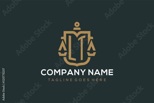 Initial LT logo for law firm with luxury modern scale and shield icon logo design