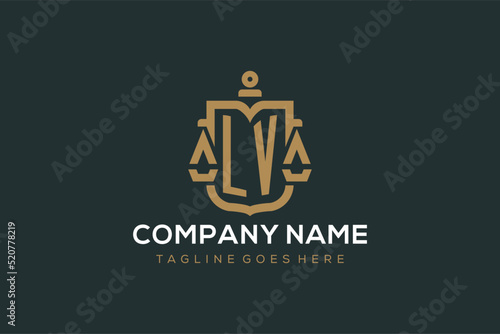 Initial LV logo for law firm with luxury modern scale and shield icon logo design