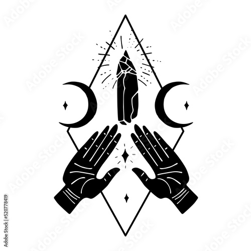 Black silhouette of witch hands with crescent moons, stars and crystal in rhombus frame. Mystic celestial scene.