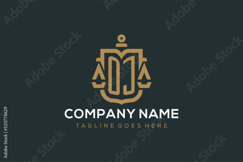 Initial OJ logo for law firm with luxury modern scale and shield icon logo design