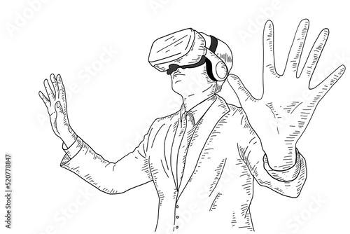 Vector Hand Drawn Engraving Style Suit Man Wearing Virtual Reality Headset Abstract VR world Person wearing virtual reality glasses and traveling the world Meta verse Virtual guide Technology Concept.