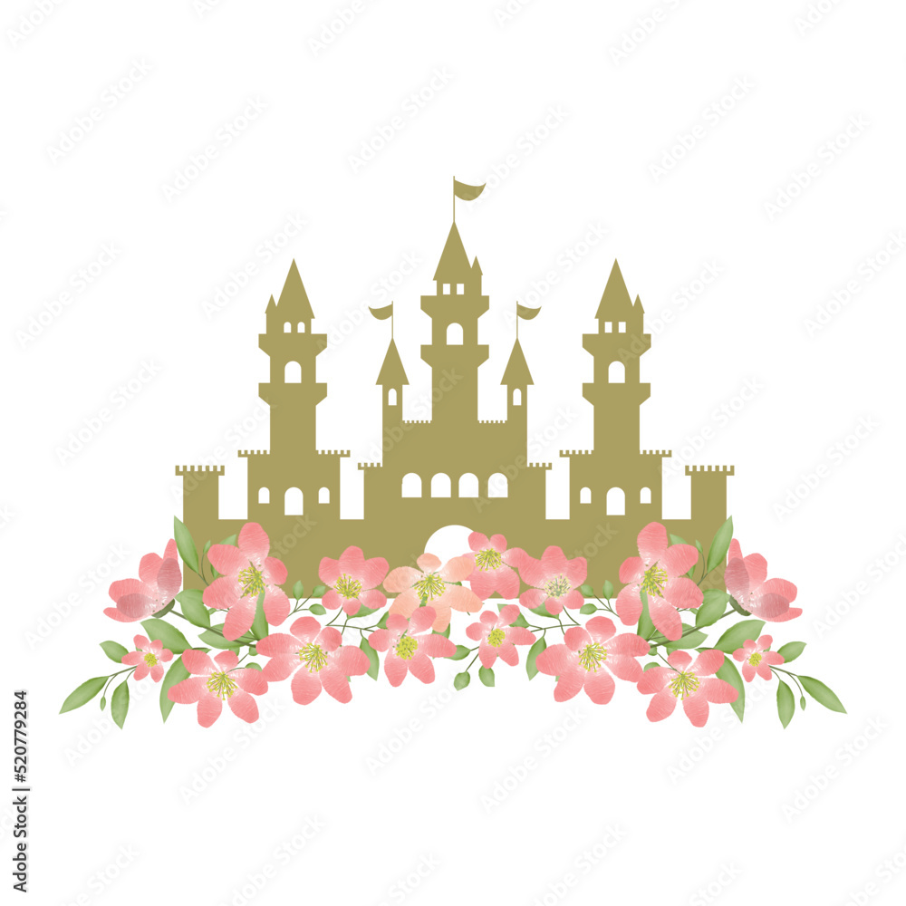 silhouette of a princess castle with watercolor flowers. Birthday invitation. Golden castle with floral vignette, frame with flowers. Illustration. Greeting card design, invitations, baby shower