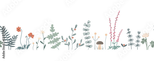 Forest seamless border with doodle herbs and flowers. Vector hand drawn plant seamless pattern.