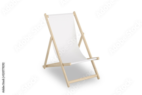 Folding blank wooden deckchair or beach chair mock up on isolated white background, 3d rendering photo