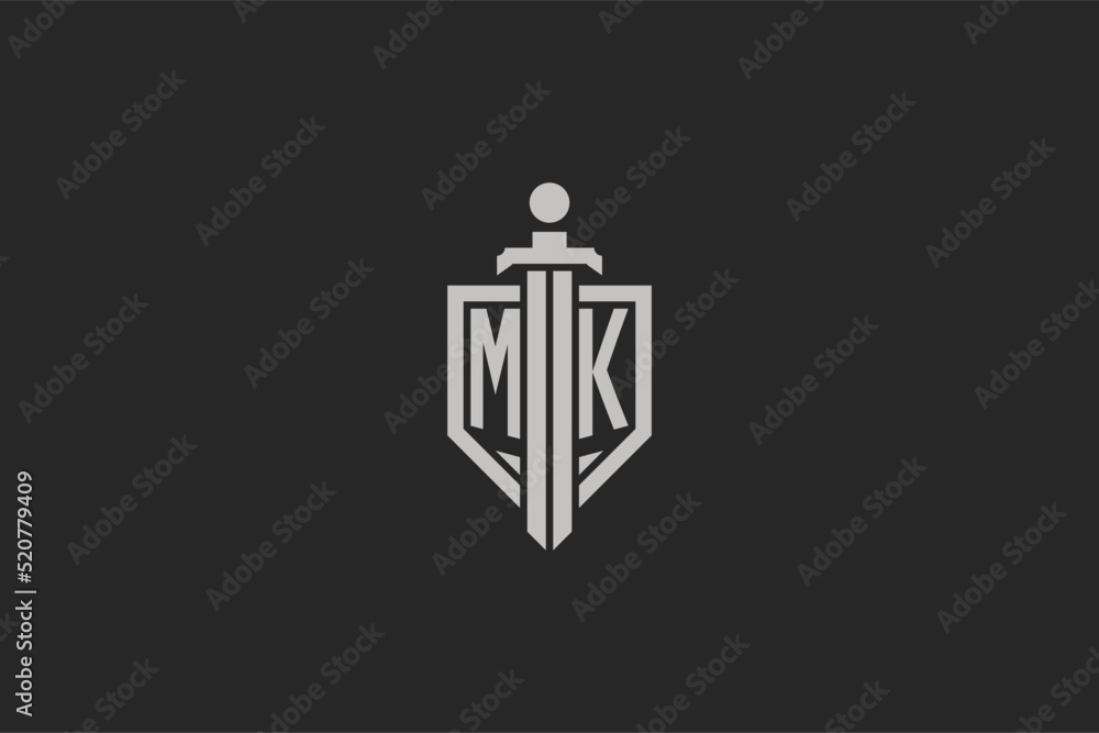 Letter MK logo with shield and sword icon design in geometric style ...