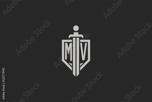 Letter MV logo with shield and sword icon design in geometric style