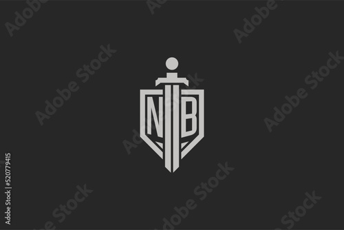 Letter NB logo with shield and sword icon design in geometric style