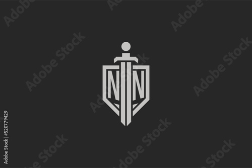 Letter NN logo with shield and sword icon design in geometric style