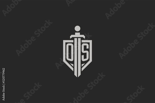 Letter OS logo with shield and sword icon design in geometric style