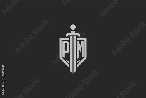 Letter PM logo with shield and sword icon design in geometric style