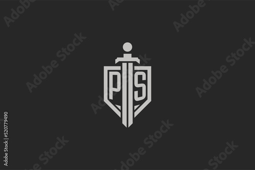 Letter PS logo with shield and sword icon design in geometric style
