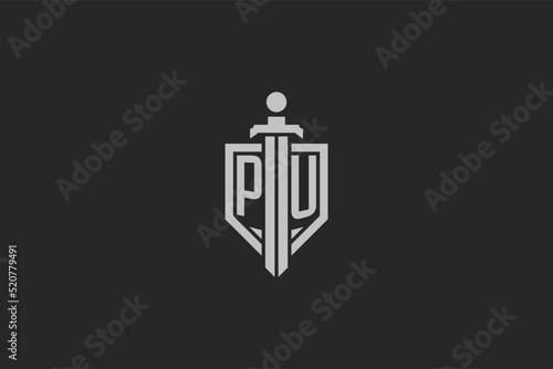 Letter PU logo with shield and sword icon design in geometric style
