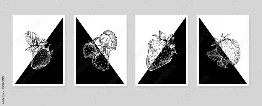 Fototapeta premium Set of Abstract Strawberry Hand Painted Illustrations for Wall Decoration, minimalist flower in sketch style. Postcard, Social Media Banner, Brochure Cover Design Background. Modern Abstract Artwork.