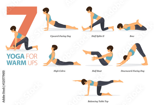 7 Yoga poses or asana posture for workout in warm ups concept. Women exercising for body stretching. Fitness infographic. Flat cartoon vector