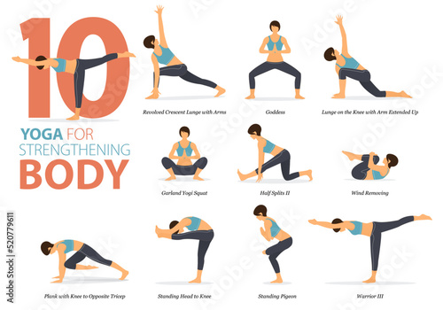 10 Yoga poses or asana posture for workout in body strength concept. Women exercising for body stretching. Fitness infographic. Flat cartoon vector