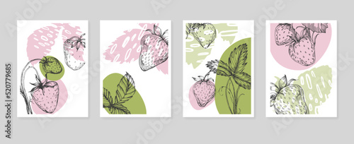 Set of Abstract Strawberry Hand Painted Illustrations for Wall Decoration, minimalist flower in sketch style. Postcard, Social Media Banner, Brochure Cover Design Background. Modern Abstract Artwork.