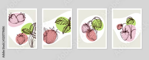 Set of Abstract Strawberry Hand Painted Illustrations for Wall Decoration, minimalist flower in sketch style. Postcard, Social Media Banner, Brochure Cover Design Background. Modern Abstract Artwork.