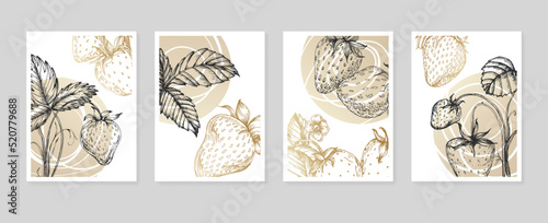 Set of Abstract Strawberry Hand Painted Illustrations for Wall Decoration, minimalist flower in sketch style. Postcard, Social Media Banner, Brochure Cover Design Background. Modern Abstract Artwork.